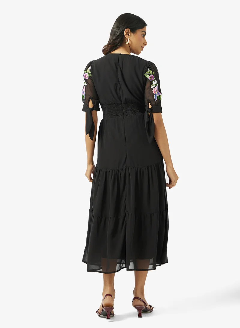 Hope & Ivy Embroidered Tie Sleeve V-Neck Midi Dress With Tiered Skirt
